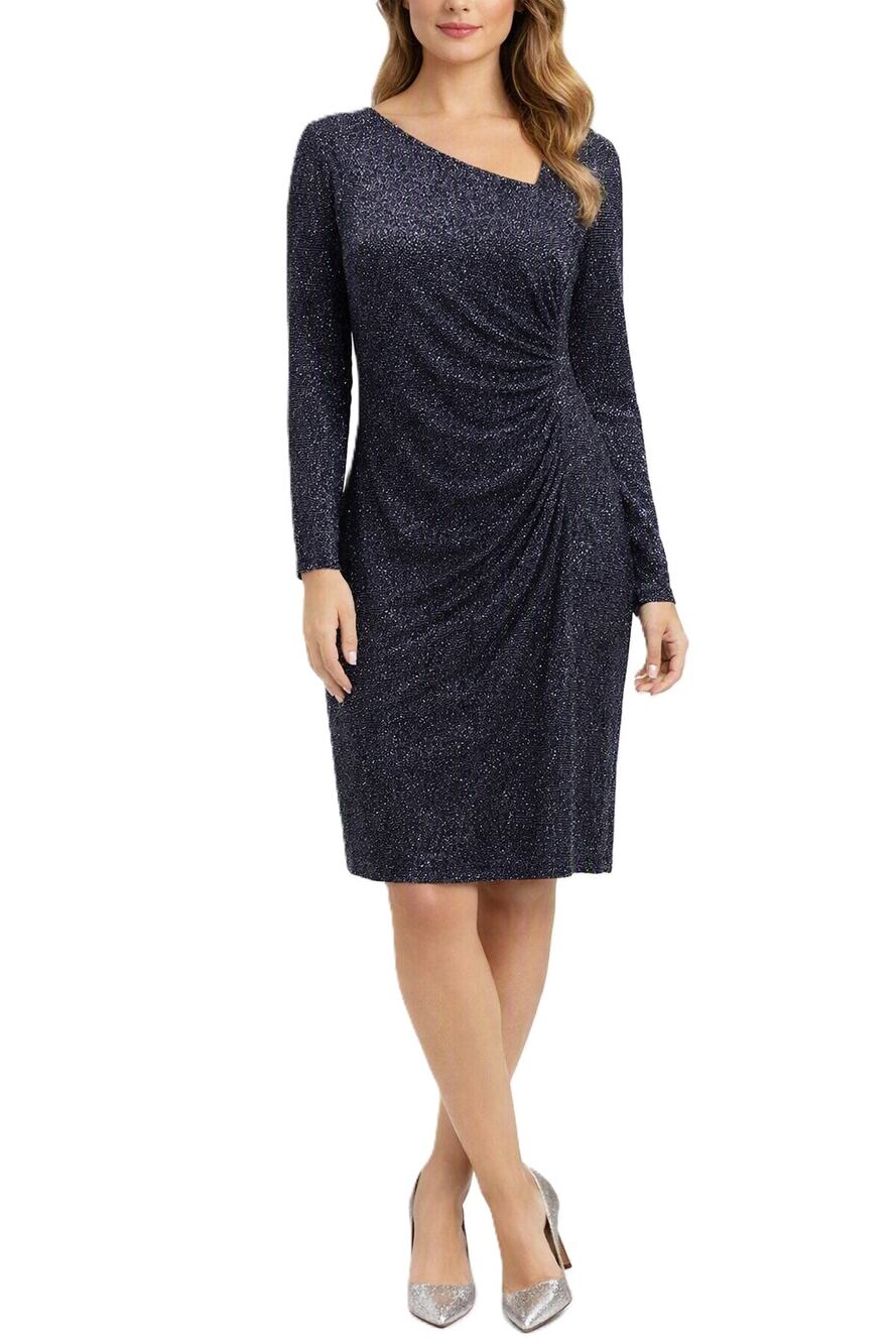 NWT Vince Camuto Metallic Navy Ruched Long Sleeve Knee-Length Evening Dress 16W
